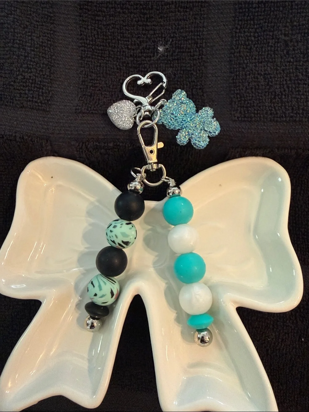 Turquoise & Black Beaded Keychain with Sparkle Heart Charm